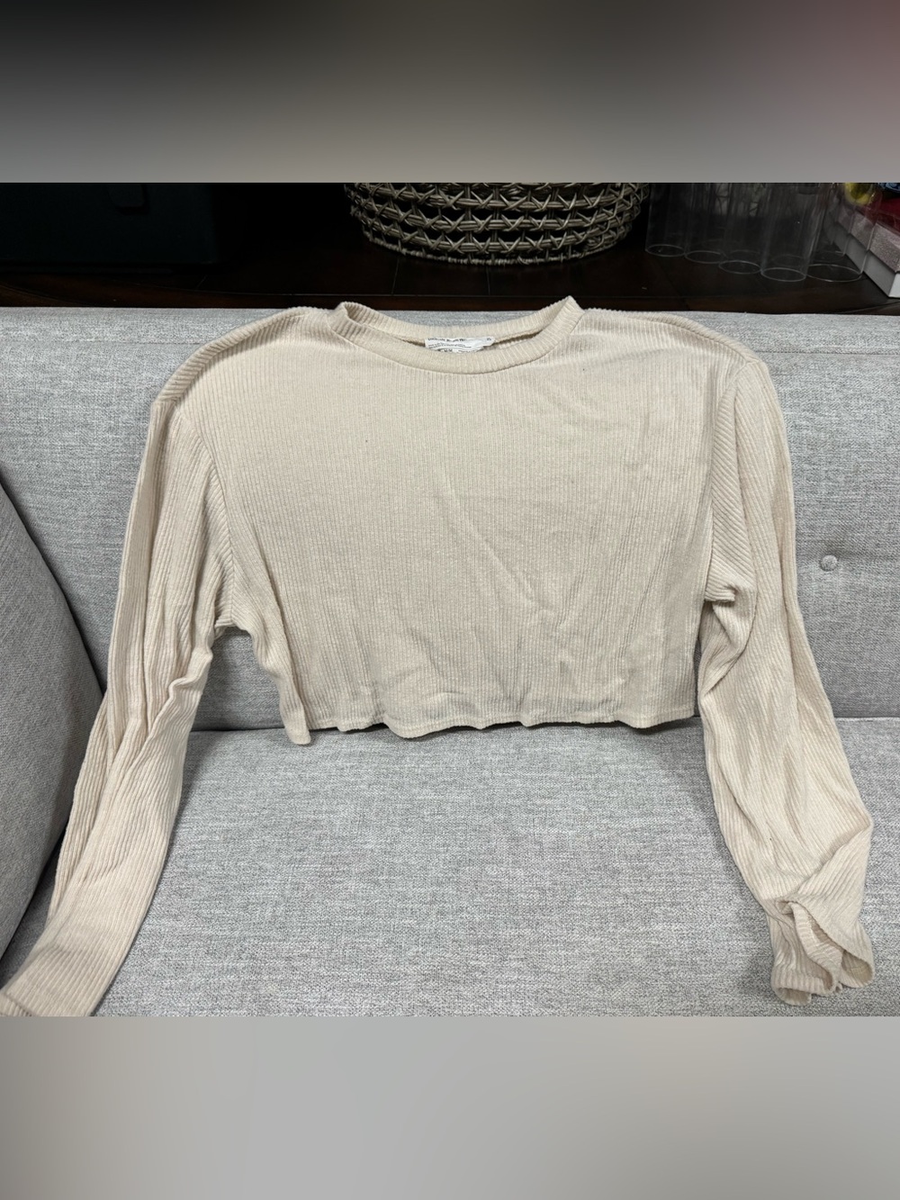 Urban Renewal Cropped Ribbed Long-Sleeve Top in Light Beige